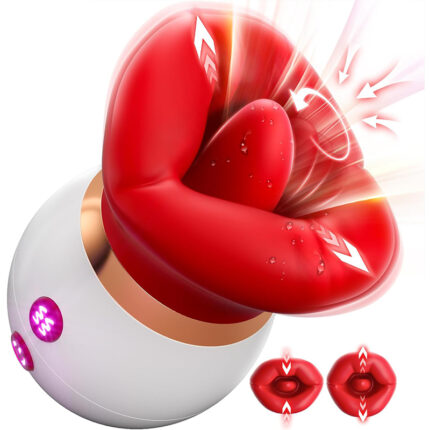 A close-up of the "Female Vibrator First Kiss" device in white and red, featuring rotating and vibrating functions. The top part mimics a pair of lips in motion, indicating its tongue-licking and shock-absorbing capabilities. Two smaller illustrations nearby show directional arrows next to stylized lips, highlighting its chest nipple teasing and clitoris stimulation functionality.