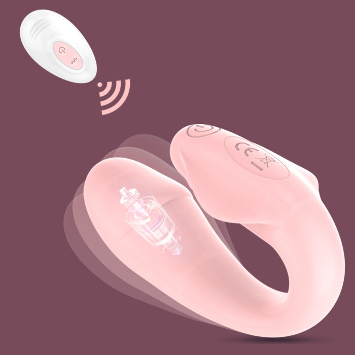 A pink U-shaped device with a smooth surface, resembling the Finger Vibrator Women Sex Toys for G Spot Clitoral Stimulator, is displayed against a maroon background. A separate white remote control with a power button and signal waves is shown nearby, indicating the mini vibrators' rechargeable and remote operation capability.