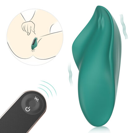 An illustration shows a green, leaf-shaped Vibrating egg invisible wearable G-spot clitoral massager (Manta-RCT) and a hand holding its remote control. An inset illustration depicts the Manta-RCT being used on a person's body, with wavy lines indicating vibration.