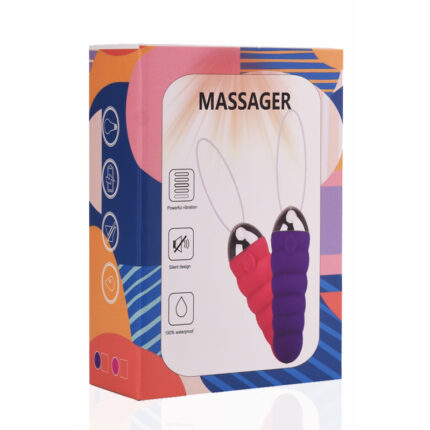 A vibrant product box displays two small massagers in pink and purple. The packaging includes illustrations and text that highlight the features of the Bullet Vibrator with Remote Control for G Spot Stimulation, such as powerful vibration, a silent design, and being 100% waterproof. Geometric patterns adorn the background.