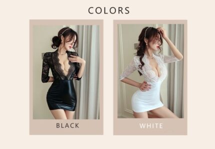 An image displays two women showcasing the "Sexy lingerie, SM hip-wrapped uniforms, secretary office professional attire, sexy bed teasing pure desire" in different colors. The woman on the left is wearing the black version with sheer lace sleeves, while the woman on the right is modeling the white version. Both outfits feature deep V-necklines and similar styling. The word "COLORS" appears at the top.