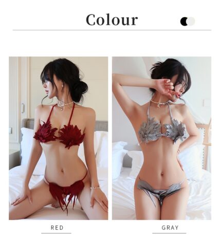 Two side-by-side images of a person modeling the "Sexy Lingerie, Sexy Free to Take Off, Bikini Open Crotch Temptation, Plus Size Women's Suits." On the left, the bikini is red; on the right, it is gray. The person is posing indoors on a bed, showcasing the clothing. The text "Colour" is at the top with "Red" and "Gray" labeling their respective images.