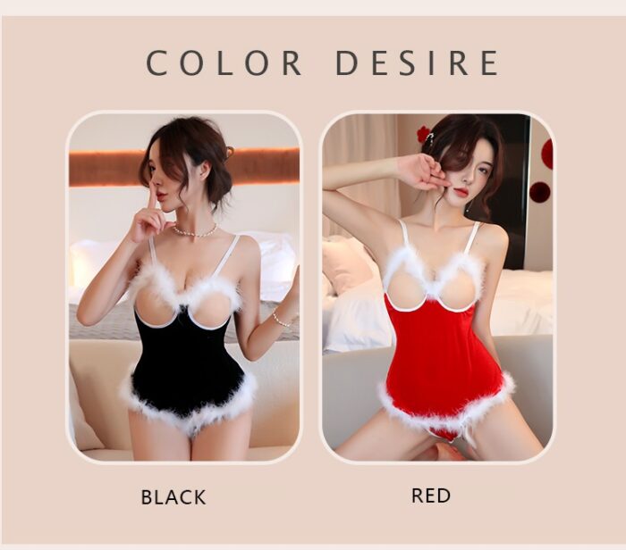 Two images of a woman wearing a festive, furry-trimmed Sexy lingerie, Christmas outfit, sexy suspender nightdress, breast-revealing role play one-piece suit are shown. The left image features the black version, while the right image features the red version. The text "COLOR DESIRE" appears above the images, with labels "BLACK" and "RED" below each respective outfit.