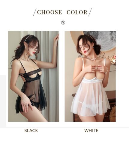 A side-by-side comparison of the Sexy lingerie: one in black and one in white. Both sets are worn by a model, showcasing the design and fit. The black set features laced and sheer material, while the white set is more translucent with delicate white lace detailing. Text above says "CHOOSE COLOR.