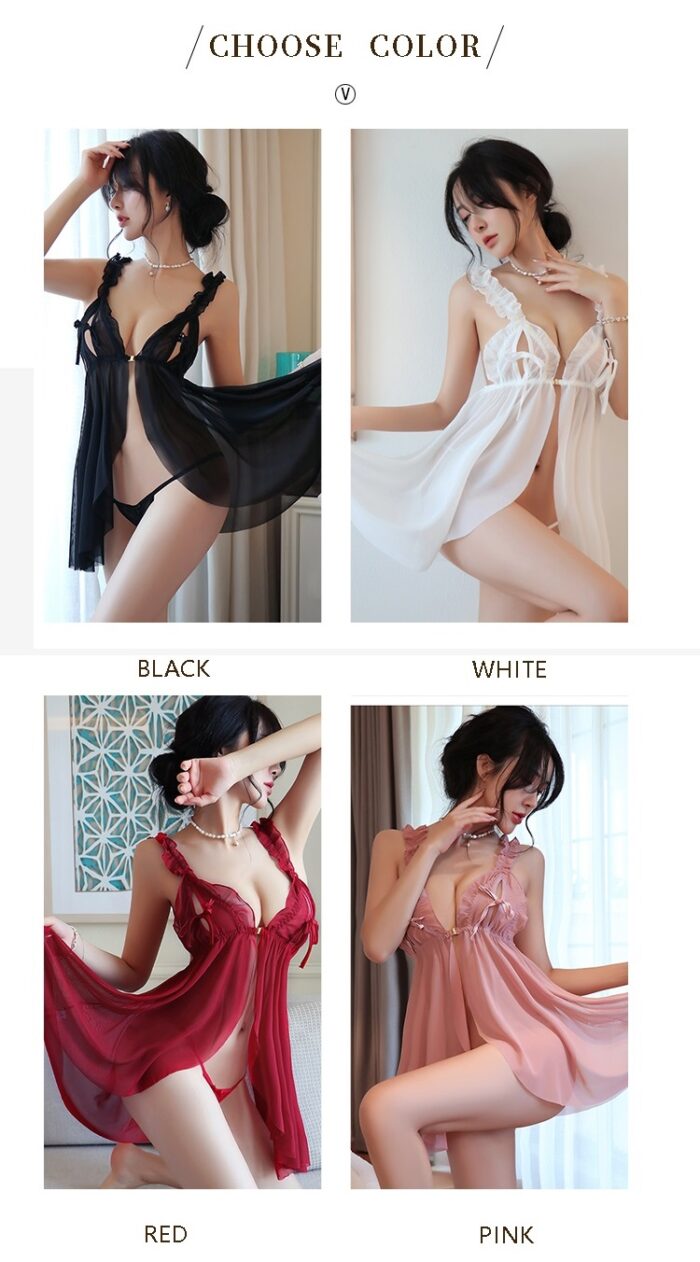 A woman is modeling the Sexy lingerie, mesh see-through pajamas, and suspender nightdresses in four different colors: black, white, red, and pink. She is shown in various poses, each with a matching lace bra and sheer dress featuring ruffle details and decorative straps that follow the same distinctive style.