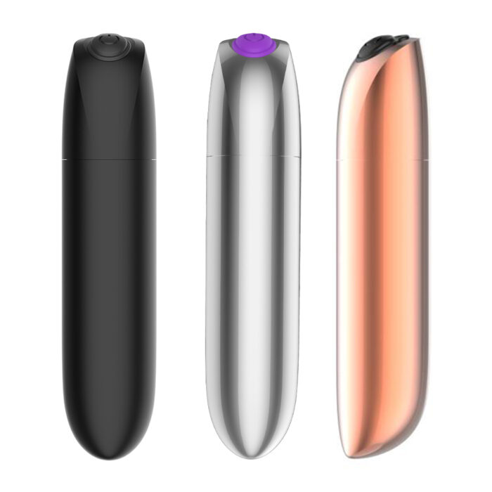 Three sleek, cylindrical Mini female multi-frequency vibrators displayed upright. From left to right: a black vibrator, a silver vibrator with a purple button, and a rose gold vibrator. Each mini waterproof sex toy features a button on top of varying colors and has a smooth, glossy finish.