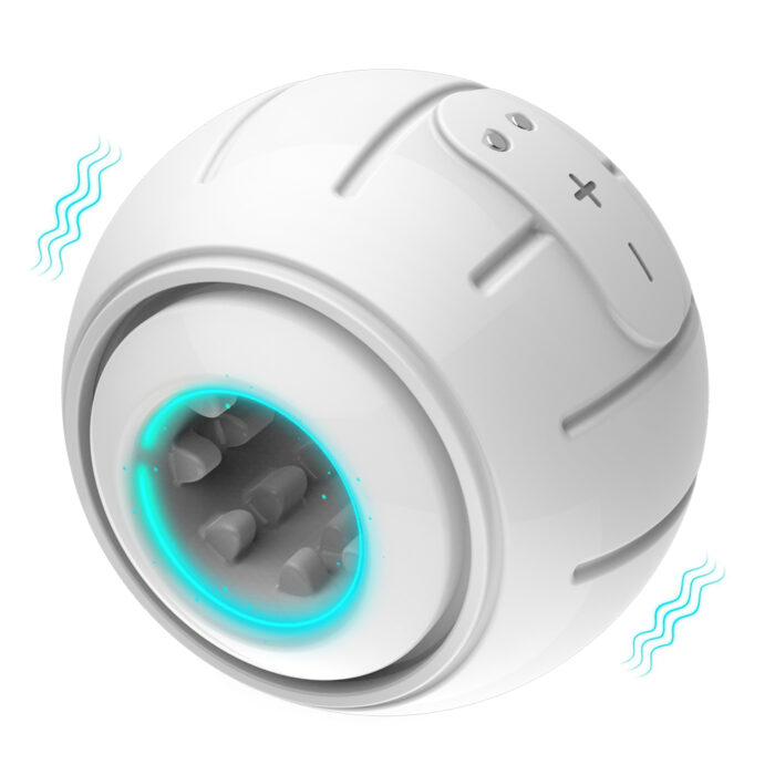 The Automatic Male Masturbator is a white, spherical device with a textured grip. It features "+" and "-" buttons on the top for controlling intensity, and has a blue glowing inner rim. The illustration indicates its vibration function with small blue lines emanating around the sphere.