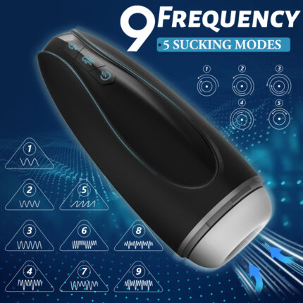 An image of the Fully Automatic Male Masturbator, a black handheld device with blue accents, is displayed next to text that reads "9 Frequency, 5 Sucking Modes." The device features various frequency and mode icons indicating different settings. Blue digital waves and circles form the background.