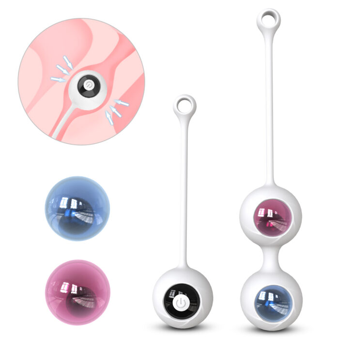 Image showing the Kegel ball with vibration, a pelvic floor muscle trainer designed for prenatal and postnatal use. The set includes single and double weighted balls, featuring white silicone outer shells and tinted inner balls in blue, pink, and black. A diagram illustrates their use. The products are equipped with small loops for easy handling.