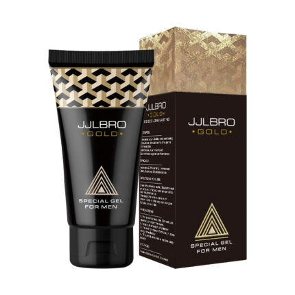 A black tube labeled "Titan Enlargement Cream (Gold) For Male External Use Long-Lasting Non Numbing And Thickening Gel Sex Toy," featuring a patterned gold cap. It is pictured alongside its box, which has a matching design with additional text details. The packaging has a geometric and elegant look.