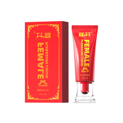 A red box with gold Chinese characters and the words "Women's Liquid 20ml Vaginal Moisturizing and Repairing Lotion Love Tide Promoting Sensation Lubricant (4th Generation)" in English stands next to a matching red tube with a clear cap containing the same words and a logo in gold.