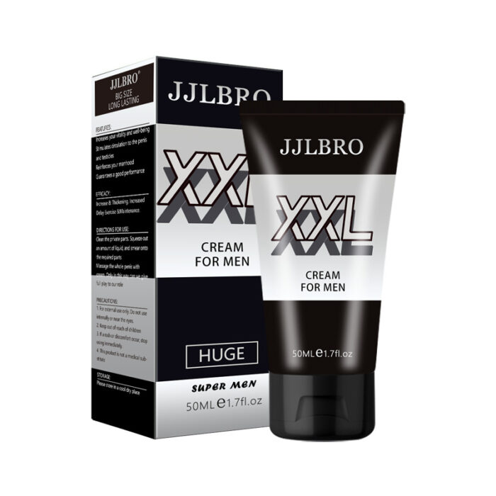 The product named "Penis XXL Cream for Men" features black and white packaging. It is a 50ml tube that claims to be long-lasting. Both the tube and the box share similar designs, bold lettering, and a brief description of benefits listed on the box.