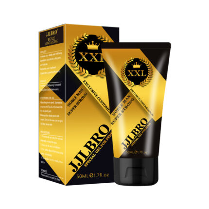 An image of Penis XXL Cream for Men, packaged in a 50ml black and gold tube beside its matching box. The box features the product name, size, and description, highlighting its long-lasting and super strong properties.