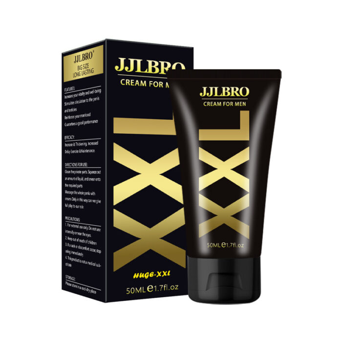 Image of the product packaging for Penis XXL Cream For Men. The packaging features a black box with gold text reading "Penis XXL Cream For Men" and "XXL." The accompanying cream tube has similar black and gold design elements, with text indicating it is 50ml (1.7 fl oz).