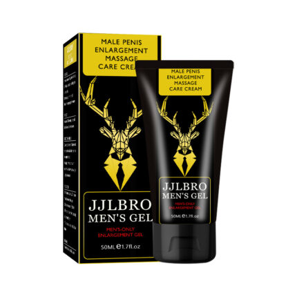 A black and yellow box and tube labeled "JJLBRO Men's Gel" with a deer head logo. The product advertises itself as a "Male Penis Enlargement Massage Care Cream" in a gold font. The tube contains 50ml (1.7 fl oz) of the product.