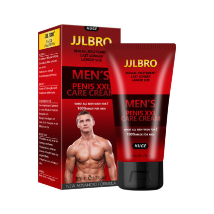 A red and black box and tube of Four-Color Enlargement Cream (Red) Men's Penis Massage Cream Repair Gel for Adults are displayed side by side. The packaging features a photo of a muscular, shirtless man and claims benefits such as increased sexual excitement, prolonged endurance, and enhanced size. Volume is 50 ml.