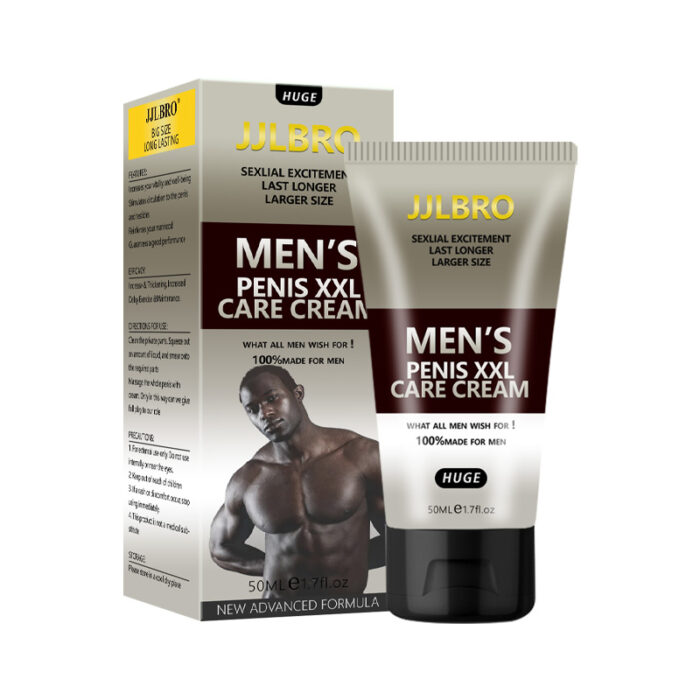 A box and tube labeled "Four-Color Enlargement Cream (gray) Men's Penis Massage Cream Repair Gel For Adults." The packaging claims to offer sexual excitement, lasting power, and enlarged size. The box features an image of a shirtless man and states the cream is 100% safe for men, with a 50ml (1.7 fl oz) quantity.