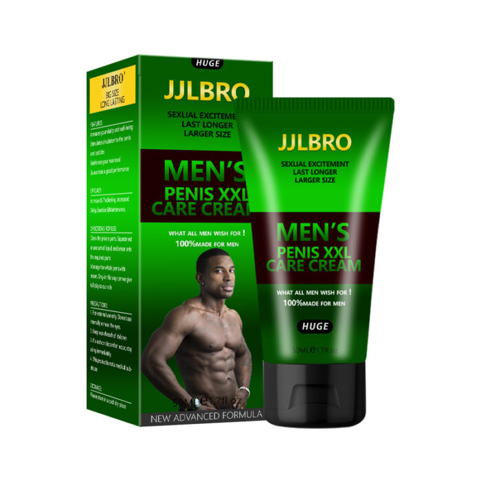 The green and black packaging of the Four-Color Enlargement Cream (green) Men's Penis Massage Cream Repair Gel for Adults features a shirtless, muscular man on both the tube and the box. The text on the packaging emphasizes sexual excitement, longer-lasting effects, and a claim of increased size. The container size is 50 ml.