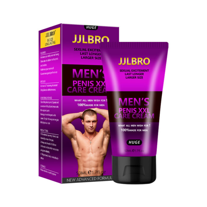 A box and tube of Four-Color Enlargement Cream (purple) Men's Penis Massage Cream Repair Gel for Adults. The box is purple with yellow and white text and features an image of a muscular man. The tube is also purple with black and white text. The product claims benefits such as increased size and enhanced sexual performance.