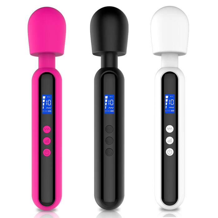 This is an adult toy with a modern and multifunctional design, available in three colors: pink, black, and white. Each toy features a large ball-shaped vibrating head at the top, specifically designed for external stimulation, providing strong vibration effects. The main body of the toy has an LED display and multiple control buttons for adjusting various vibration modes and intensities. The overall design is ergonomic and easy to hold and maneuver, aimed at enhancing sexual pleasure through its powerful external vibration function.