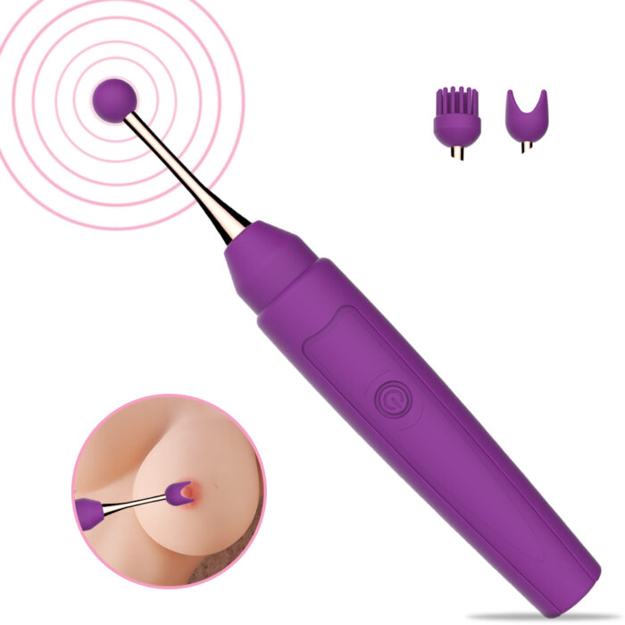 This is a purple adult toy with a slender and multifunctional design. One end of the toy features a small ball-shaped vibrating head specifically designed for precise localized stimulation, suitable for the clitoris and nipples. The toy comes with two interchangeable attachments: one with soft bristles and another with a forked U-shape, catering to different stimulation needs. The main body is easy to grip and has a control button for adjusting various vibration modes and intensities. The inset image shows the toy being used on the nipple, highlighting its powerful vibration effects. The overall design is ergonomic, aimed at enhancing sexual pleasure through its multiple stimulation functions.