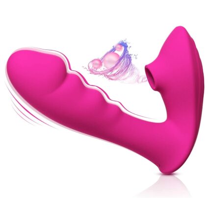 This is a pink adult toy with a modern design and multiple features. The main shaft is wavy, designed for internal stimulation, and offers multiple vibration modes. One end of the toy has a suction mouth specifically designed for clitoral and nipple stimulation, providing strong suction effects. The combination of vibration and suction allows for multiple simultaneous stimulations, enhancing the user's sexual pleasure. The image shows the toy's vibration and suction effects, highlighting its powerful versatility. The overall design is ergonomic and easy to hold, aimed at enhancing sexual pleasure through its multiple stimulation functions.