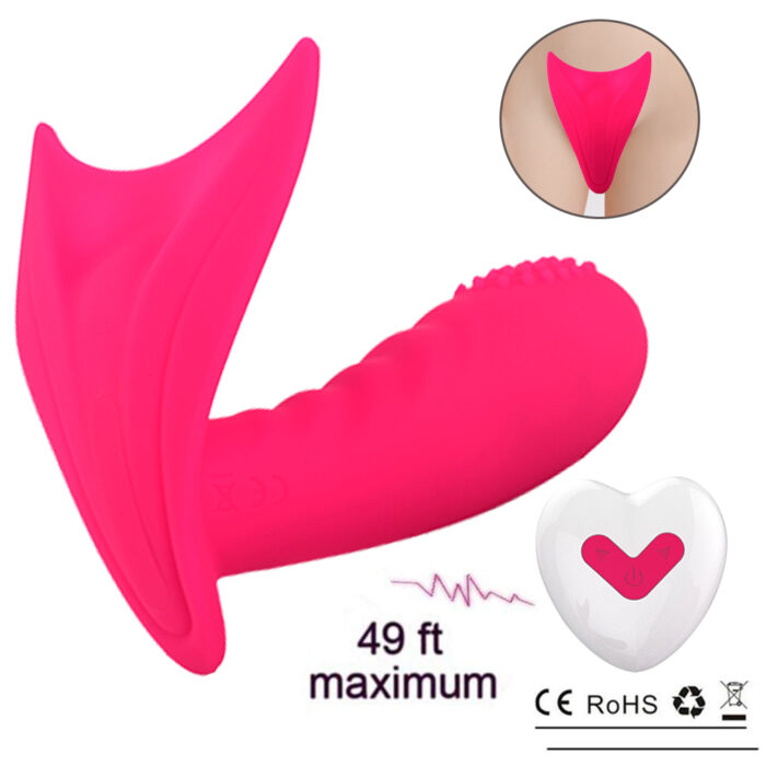 The Mini Vibrator Adult Sex Toys for Women, featuring a bright pink wearable design with wing-like characteristics, is promoted to work up to 49 feet away. It includes an inset showing the top view of the product and comes with a heart-shaped remote adorned with power symbols. The product is certified with CE and RoHS certifications and is free of latex.