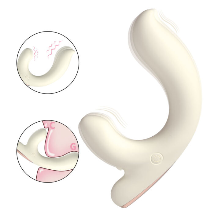 Image of the Fox Fairy dual-stimulation massager in white, designed with an ergonomic curve. The device showcases a larger, rounded arm alongside a smaller arm for precise stimulation. Two insets demonstrate its vibrating functions and intended areas of use, labeled "C" and "G".