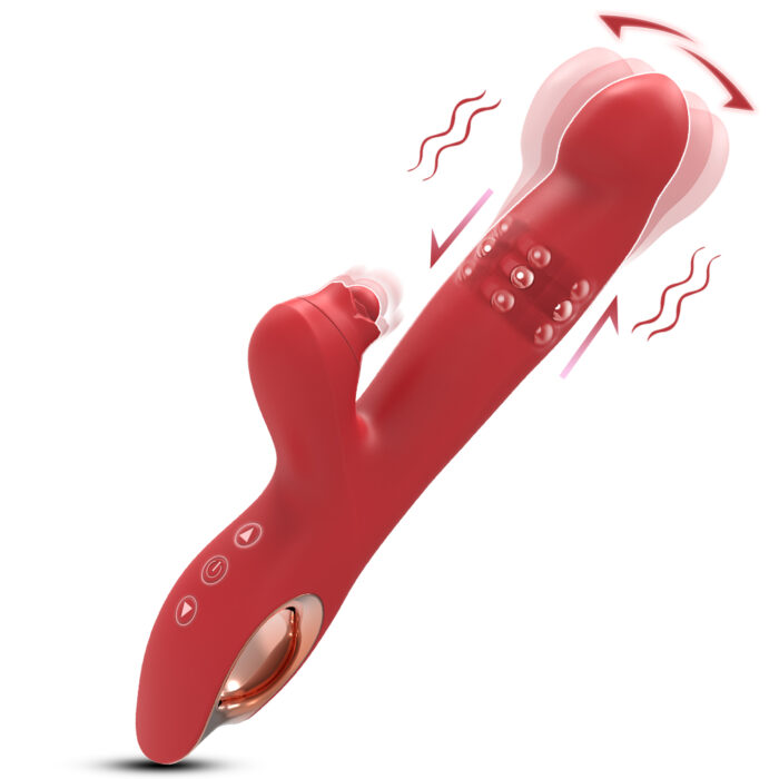 The Female Vibrator Peristaltic Vibrator 10 Frequency Charging Massage Adult Device is a red, ergonomic vibrator that features various white vibration and rotation markings. It has a curved design with a handle that includes control buttons and an additional smaller attachment on the side. The main shaft is adorned with bumps for enhanced stimulation and added texture.