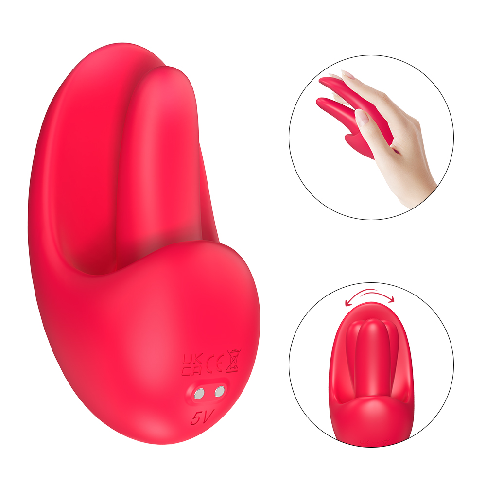 The Vibrator Adult Sex Toy for Women - Upgraded Medusa features an ergonomically designed, red wearable device. Close-up insets show a hand demonstrating its flexible and cushioned structure, along with an illustration of its adjustable width. The device includes markings that indicate regulatory certification and power specifications.