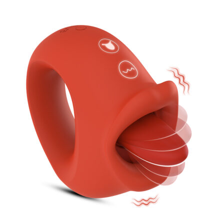 A red, ring-shaped device from the Rose Sex Toy for Women collection that features a tongue-like protrusion in motion. The device includes two icons on top: one that looks like a raindrop and another resembling a wave.