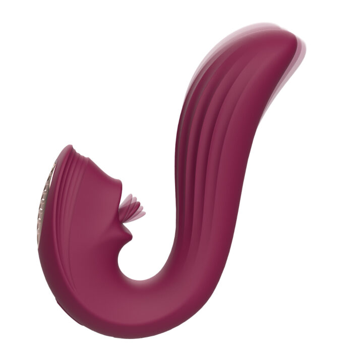 A maroon-colored, ergonomically-shaped personal massager with a curved design and ribbed texture. One end features a rounded tip, while the other end has an indented area with a small, petal-like structure.