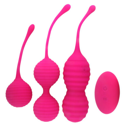 The image displays a set of four pink Kegel exercise devices against a white background. Each device is crafted from smooth silicone and varies in shape and size. Three of them feature single or double weighted balls with tails, while the fourth is a cordless remote-controlled Ball Vibrator with multiple vibration modes, designed for adult women as a G-Spot stimulator using body-safe materials.