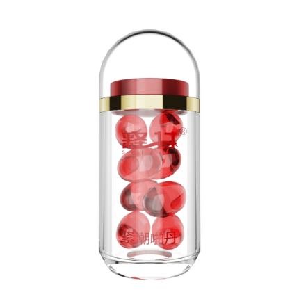 A transparent cylindrical container with a red lid and gold trim, filled with red capsules. Chinese characters adorn the container, which sits against a plain gray background. It's labeled as "Enhancing Pleasure Pill Gel (Classic Rose Pill Version 2)," designed to assist sexually lukewarm couples by increasing female sexual interest and pleasure with an 8-pill pack of 600mg each.