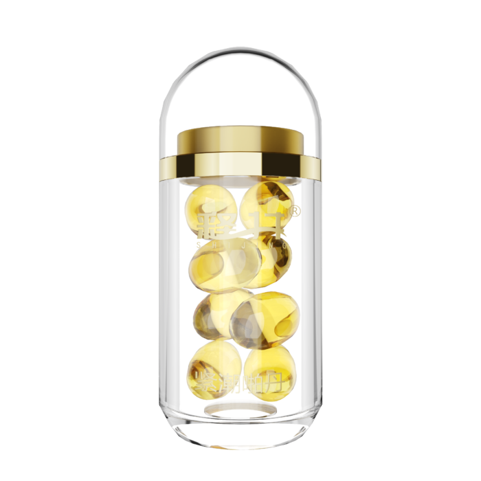 A transparent, cylindrical container with a golden lid, holding several capsules of the Female Orgasm Liquid Pleasure Concentrated Vaginal Nourishing Pleasure Granules (1 box containing 600mg * 8 capsules). The clear container showcases the neatly stacked capsules against a plain white background.