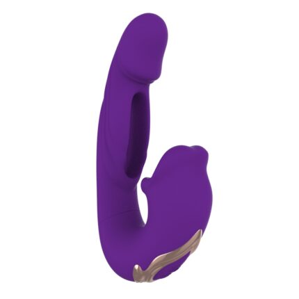 A sleek, purple Mouth Vibrator featuring a curved shaft and an external clitoral stimulator. The handle includes a subtle gold accent.