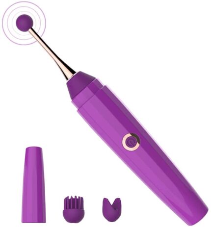 This is a purple adult toy with a slender and multifunctional design. One end of the toy features a small ball-shaped vibrating head specifically designed for precise localized stimulation, suitable for the clitoris and nipples. The toy comes with two interchangeable attachments: one with soft bristles and another with a forked U-shape, catering to different stimulation needs. The main body is easy to grip and has a control button for adjusting various vibration modes and intensities. The overall design is ergonomic, aimed at enhancing sexual pleasure through its multiple stimulation functions.