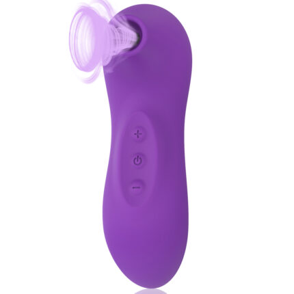 This is a purple adult toy with a modern and multifunctional design. One end of the toy features a suction mouth specifically designed for clitoral and nipple stimulation, providing strong suction effects. The main body is ergonomically designed for easy grip and maneuverability. It has three control buttons in the middle for adjusting various suction modes and intensities. The image showcases the suction effect, highlighting its powerful suction capabilities. The overall design is stylish and comfortable, aimed at enhancing sexual pleasure through its unique suction function.