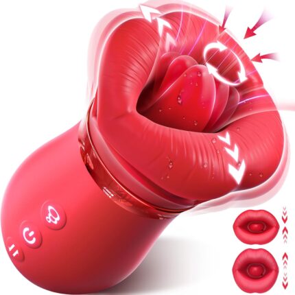 The Romeo Rose Double Tongue Licking Vibrator, a red, flower-shaped adult toy for women with multiple setting buttons, is shown. The toy features a petal-like design at the top and is depicted with arrows indicating motion, suggesting suction or vibration functions. Two small lip icons are included on the right-hand side.