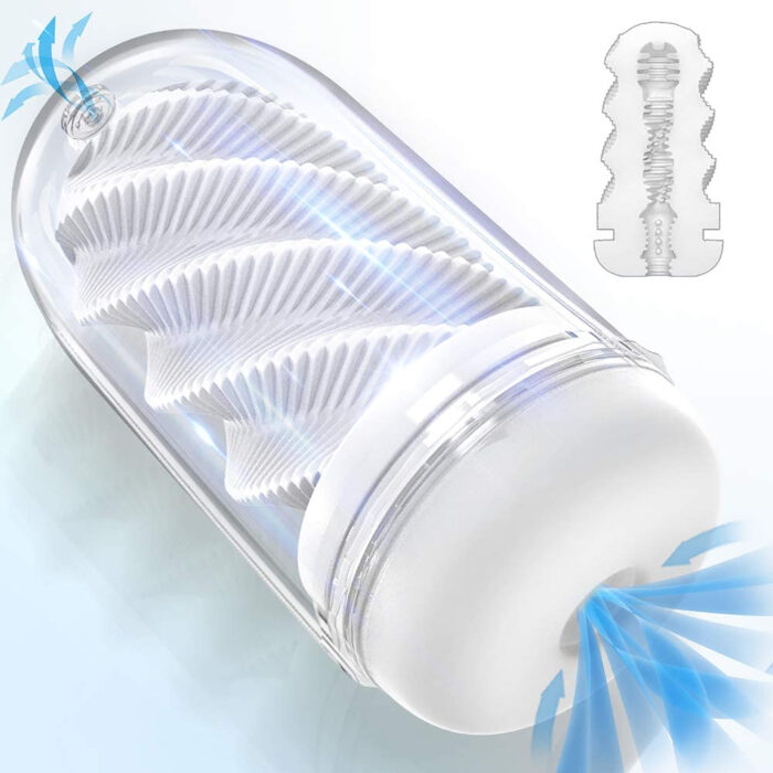 The Automatic Male Masturbator features a transparent, cylindrical design with intricate spiral patterns inside. Blue arrows illustrate the airflow through the device, and a small diagram in the top right corner showcases its interior structure. The device is completed with a white, rounded cap on one end.