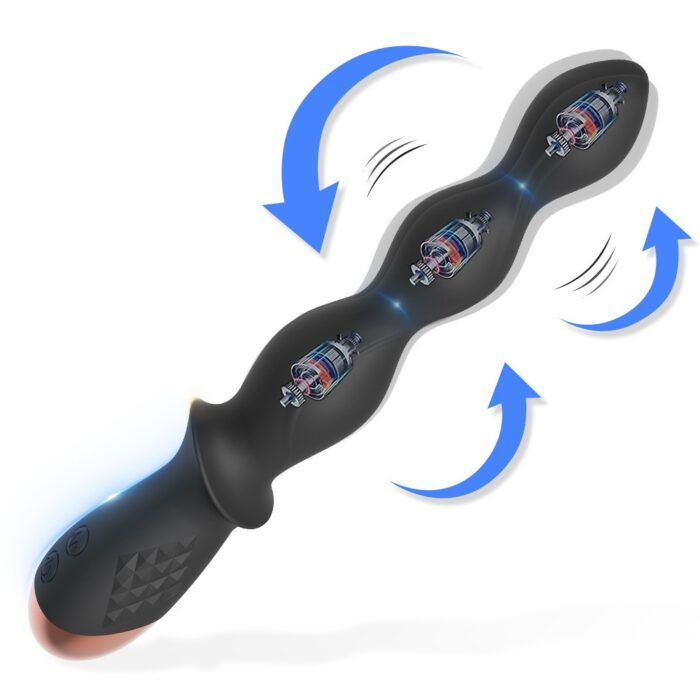 The frequency Vibrating Pull Bead Anal Vibrator Anal Plug USB Rechargeable Silicone Dildo Massager Sex Toy for Men and Women is shown in black with a wavy design. Blue arrows highlight the internal vibration motion from its multiple embedded vibrating motors. The handle includes control buttons, and the entire device boasts a sleek, modern design.