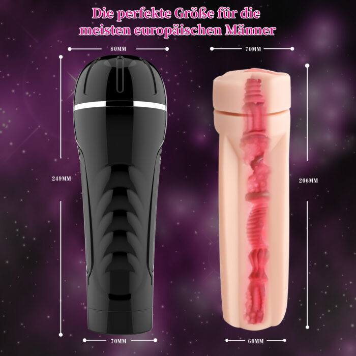 Image showing two Adult Toys Automatic Male Masturbators side by side against a purple background. The left one is black and measures 249mm in height and 80mm in width. The right one is flesh-colored with visible texture and measures 206mm in height and 70mm in width. German text is at the top.