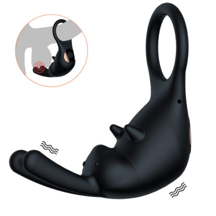 Introducing the Locking Ring, a black silicone device designed for male use to enhance adult pleasure. This glans penis ring features a long, curved extension and a smaller protrusion, both equipped with vibrating components denoted by wavy lines. An inset provides a close-up of the device in action, showcasing its function with red vibration lines, making it an ideal tool for managing premature ejaculation sensitivity and adding an exciting element to intimate moments.