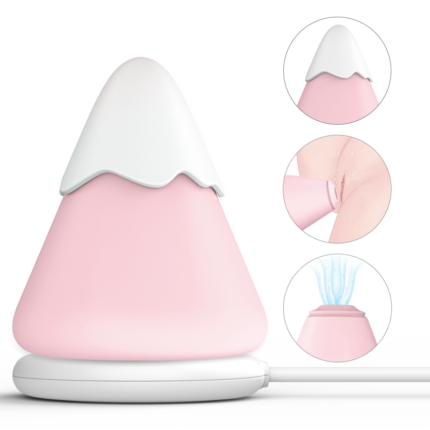 A pink and white, cone-shaped Clitoralis Stimulator for Women, resembling a snow mountain, sits on a circular white base. Three smaller circular images illustrate the device in action: one shows it being used on the skin, another provides a close-up of its tip, and the last depicts it emitting a stream of water.