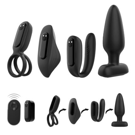 A collection of black wearable adult toys called "The Love Kit" is displayed, featuring a cock ring, panty vibrator, couple's vibrator with remote control, and butt plug. Some items are shown from multiple angles to showcase their shape and features.