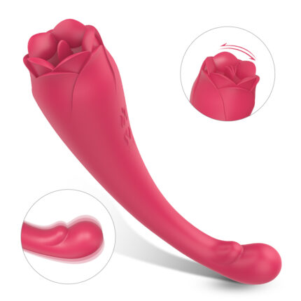 A pink, rose-shaped personal massager with a curved handle is shown. The device has floral details and a rounded tip. Circular insets highlight the rose design and the flexible, curved functionality of the massager.