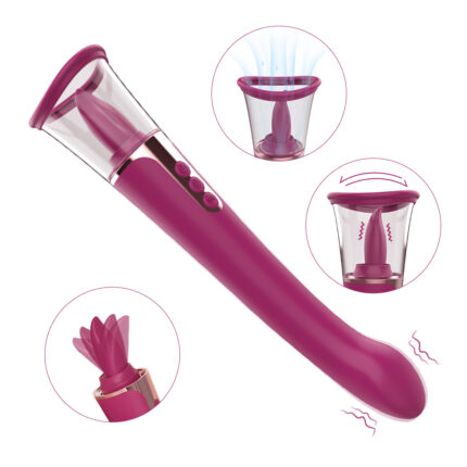 Introducing the Adult Sex Toys Dildo Sucking Vibrator by Sabrina—a purple, multi-functional pleasure device for women. This clitoral stimulator offers both sucking and vibrating modes, promising a versatile experience with various attachments. The image showcases three detailed close-ups: one highlighting a suction cup attachment emitting air, another featuring a petal-like stimulator, and a third revealing the internal mechanism. Plus, it's waterproof for added convenience and pleasure during intimate moments.