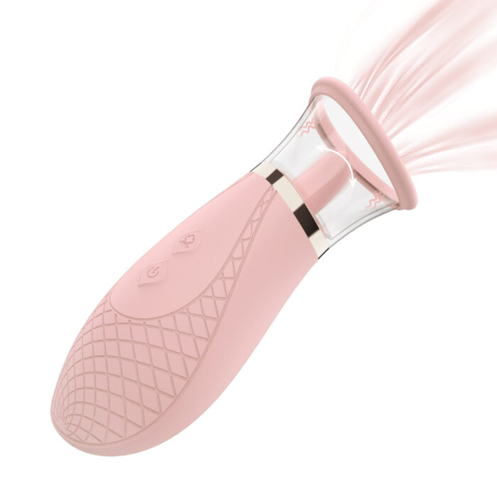 A pink, handheld Clitoralis Stimulator for Women is shown, featuring a textured grip surface and multiple buttons. The device has a transparent top emitting beams of light, implying it may be used for intimate pleasure or stimulation.