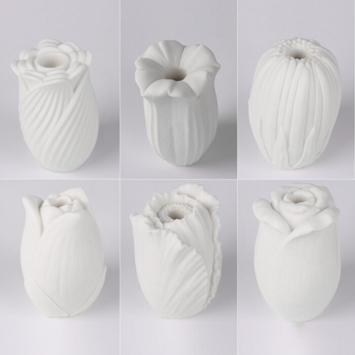 A collection of seven innovative male masturbator cups, each uniquely designed as part of the Secret Garden series (Model: SHD-S409-7). These adult toys feature intricate raised textures within their tunnels, providing diverse sensations during use. Displayed together, the sophisticated designs convey a sense of both elegance and advanced functionality.