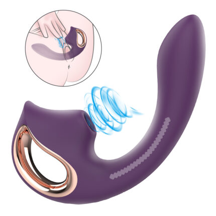 A purple curved Clitoralis Stimulator for Women, featuring a rose gold accent and wavy lines indicating vibration. The inset illustration shows the device in use, with blue vibration lines emanating from it, highlighting its functionality.